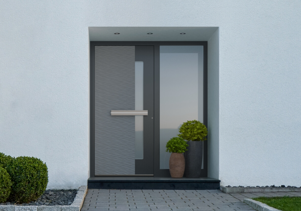 Grijze voordeur is verkrijgbaar in verschillende materialen